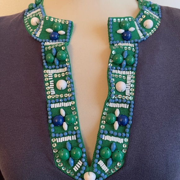 NWT BCBG Max Azaria Navy Blue Green Knit Beaded Tunic Dress Size Small - Picture 2 of 5